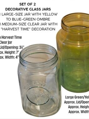 Set of 2 Decorative Glass Jars • Large Green-Yellow Ombre Jar & Medium Clear Jar